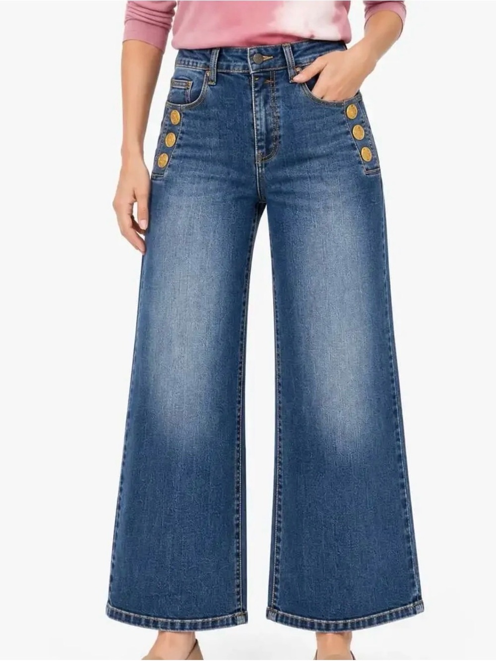 Frank Lyman M Wide Leg Gold Button Cropped Sailor Jeans Coastal Preppy Modern